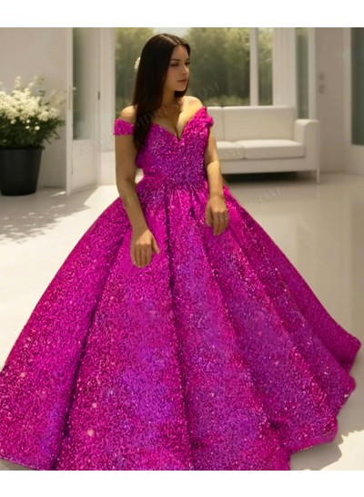 Fuchsia Off the Shoulder Ball Gown Sequins Quinceanera Prom Dresses