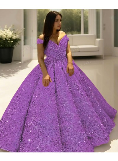 Lilac Off the Shoulder Ball Gown Sequins Quinceanera Prom Dresses