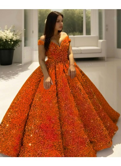 Orange Off the Shoulder Ball Gown Sequins Quinceanera Prom Dresses