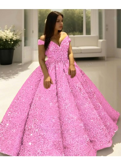 Pale Pink Off the Shoulder Ball Gown Sequins Quinceanera Prom Dresses