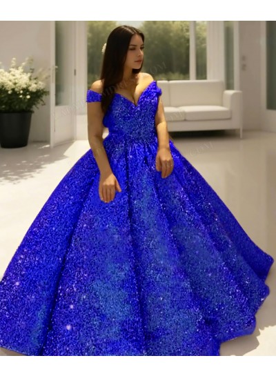 Royal Blue Off the Shoulder Ball Gown Sequins Quinceanera Prom Dresses