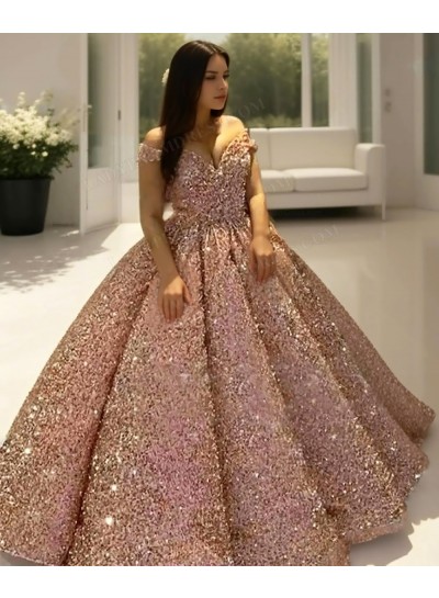Champagne Off the Shoulder Ball Gown Sequins Quinceanera Prom Dresses