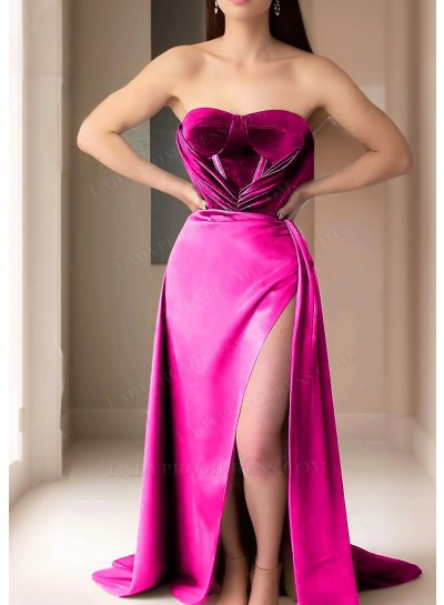 Fuchsia Strapless Velvet Prom Dresses with High Slit