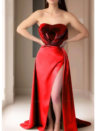 Red Strapless Velvet Prom Dresses with High Slit