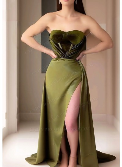 Olive Green Strapless Velvet Prom Dresses with High Slit