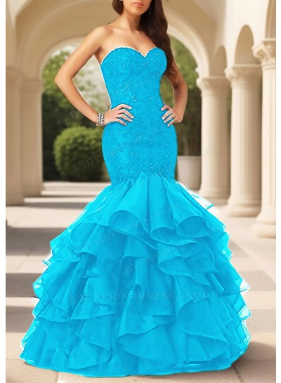 Blue Sweetheart Ruffled Strapless Tulle Layered Mermaid Prom Dresses