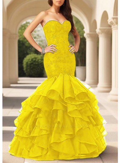 Daffodil Sweetheart Ruffled Strapless Tulle Layered Mermaid Prom Dresses