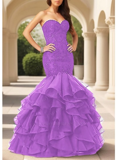 Lilac Sweetheart Ruffled Strapless Tulle Layered Mermaid Prom Dresses