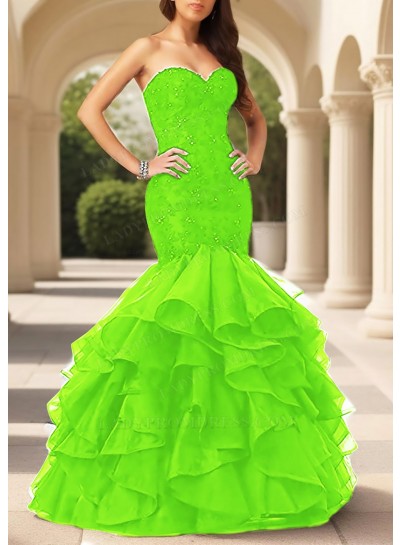 Lime Green Sweetheart Ruffled Strapless Tulle Layered Mermaid Prom Dresses