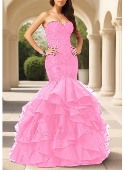 Pale Pink Sweetheart Ruffled Strapless Tulle Layered Mermaid Prom Dresses