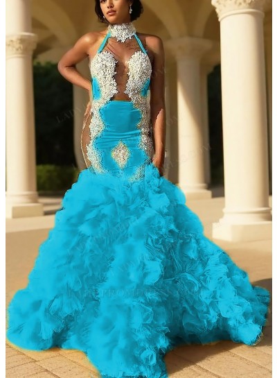 Blue High Neck Tulle Layered Mermaid Prom Dresses