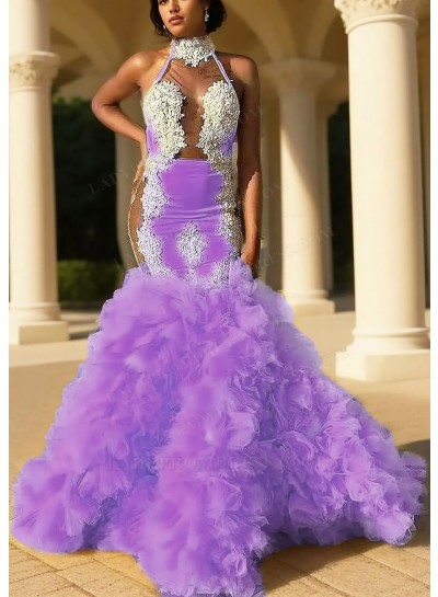 Lilac High Neck Tulle Layered Mermaid Prom Dresses