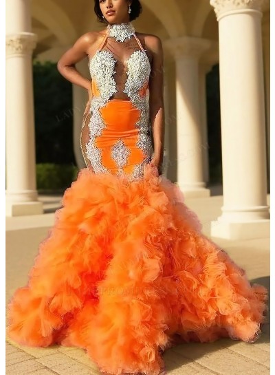 Orange High Neck Tulle Layered Mermaid Prom Dresses