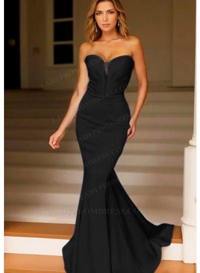 Black Strapless Satin Mermaid Prom Dresses with Plunging Neckline
