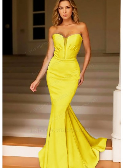 Daffodil Strapless Satin Mermaid Prom Dresses with Plunging Neckline