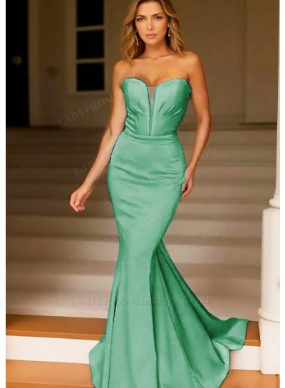 Emerald Strapless Satin Mermaid Prom Dresses with Plunging Neckline