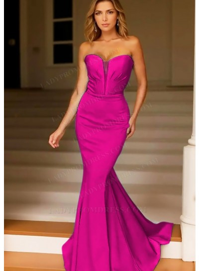 Fuchsia Strapless Satin Mermaid Prom Dresses with Plunging Neckline