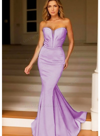 Lilac Strapless Satin Mermaid Prom Dresses with Plunging Neckline