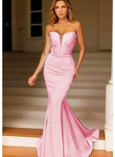 Pale Pink Strapless Satin Mermaid Prom Dresses with Plunging Neckline
