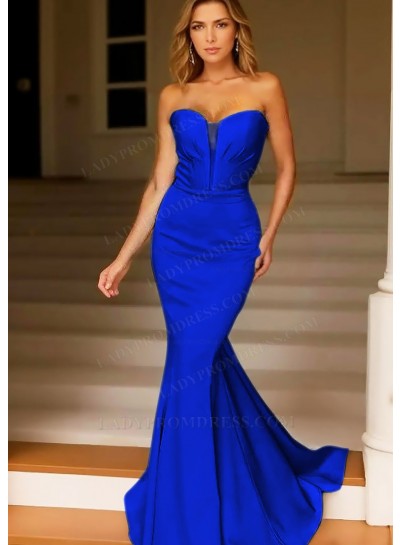Royal Blue Strapless Satin Mermaid Prom Dresses with Plunging Neckline