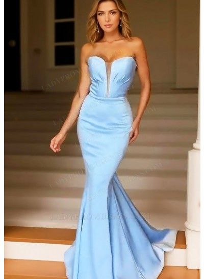 Blue Strapless Satin Mermaid Prom Dresses with Plunging Neckline