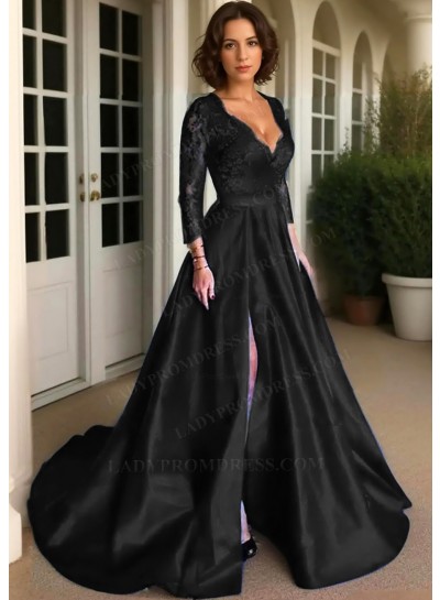 Black Long Sleeves Satin Formal Prom Dresses with Lace Appliques