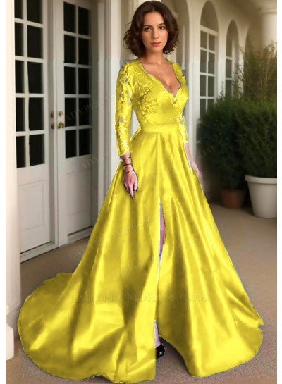 Daffodil Long Sleeves Satin Formal Prom Dresses with Lace Appliques