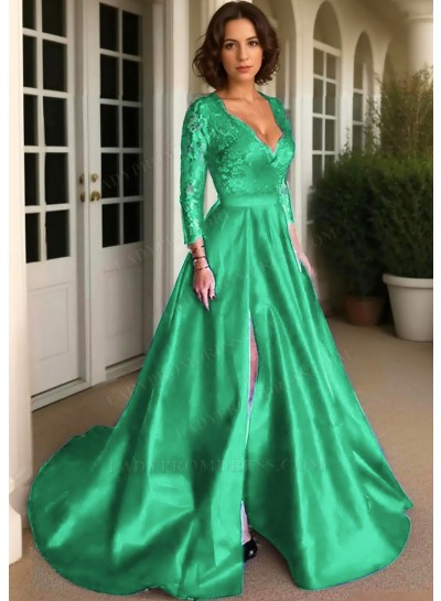 Emerald Long Sleeves Satin Formal Prom Dresses with Lace Appliques