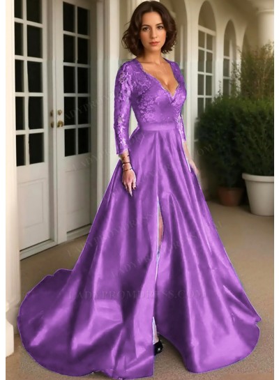 Lilac Long Sleeves Satin Formal Prom Dresses with Lace Appliques
