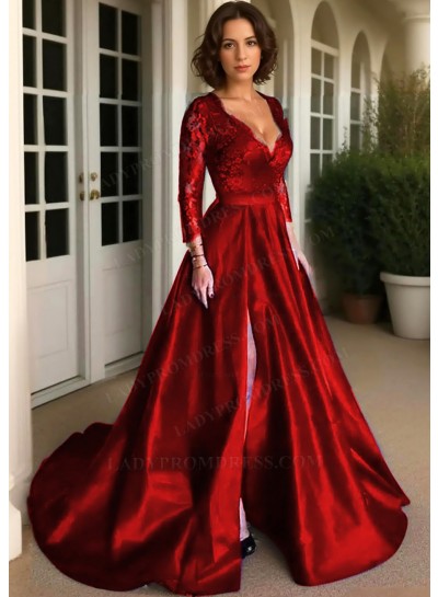 Red Long Sleeves Satin Formal Prom Dresses with Lace Appliques