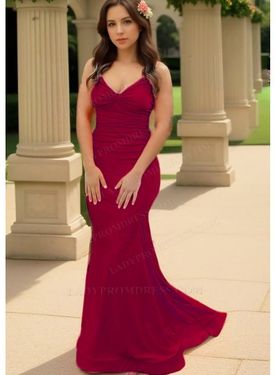 Burgundy Spaghetti Straps Ruched Sleeveless Satin Slim Fit Prom Dresses