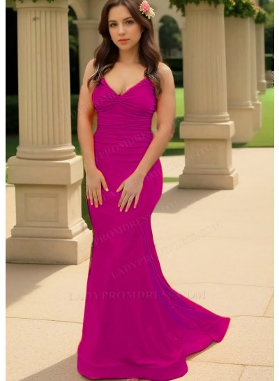 Fuchsia Spaghetti Straps Ruched Sleeveless Satin Slim Fit Prom Dresses