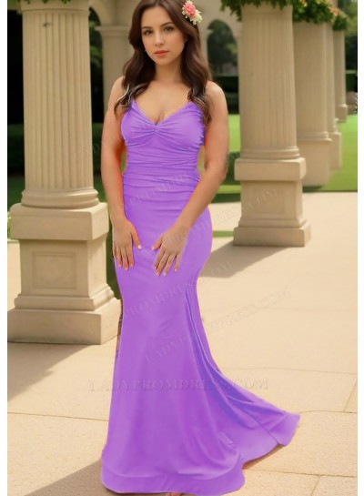 Lilac Spaghetti Straps Ruched Sleeveless Satin Slim Fit Prom Dresses