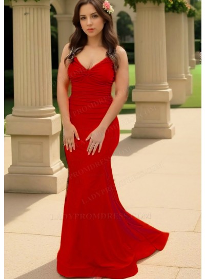 Red Spaghetti Straps Ruched Sleeveless Satin Slim Fit Prom Dresses