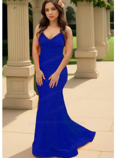 Royal Blue Spaghetti Straps Ruched Sleeveless Satin Slim Fit Prom Dresses