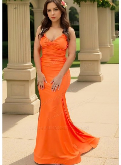 Orange Spaghetti Straps Ruched Sleeveless Satin Slim Fit Prom Dresses