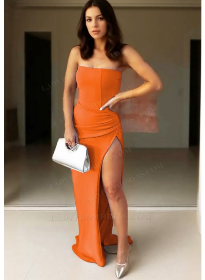 Orange Strapless Satin High-Slit Formal Prom Dresses