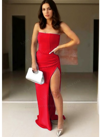 Red Strapless Satin High-Slit Formal Prom Dresses