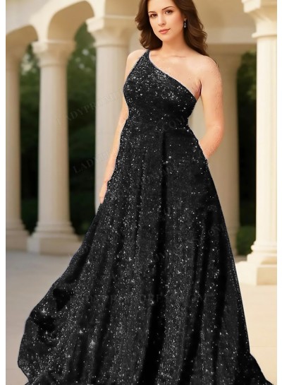 Black Glitter A-line One Shoulder Sequins Formal Prom Dresses