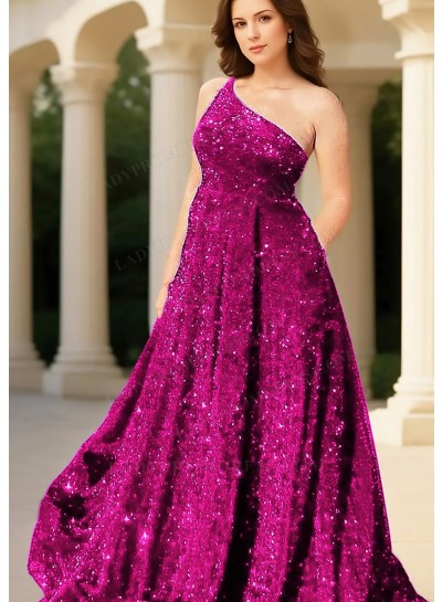 Fuchsia Glitter A-line One Shoulder Sequins Formal Prom Dresses