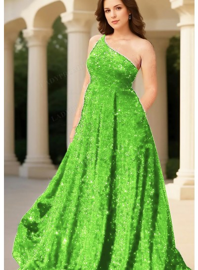 Lime Green Glitter A-line One Shoulder Sequins Formal Prom Dresses