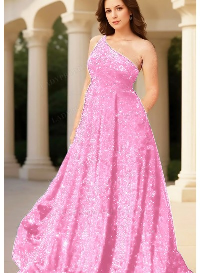 Pale Pink Glitter A-line One Shoulder Sequins Formal Prom Dresses