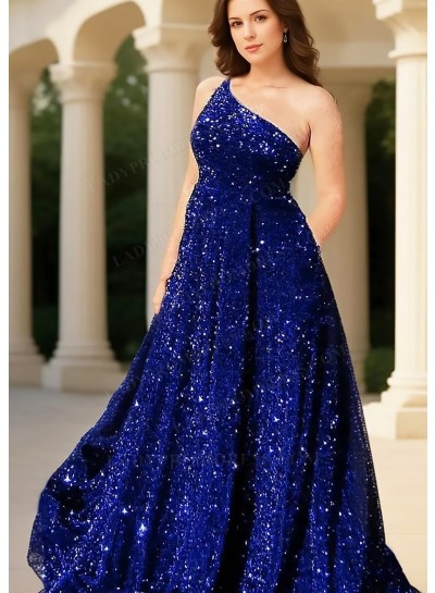 Royal Blue Glitter A-line One Shoulder Sequins Formal Prom Dresses