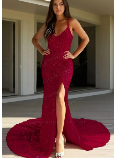Burgundy Spaghetti Straps Sequins Glitter Side Slit Mermaid Prom Dresses