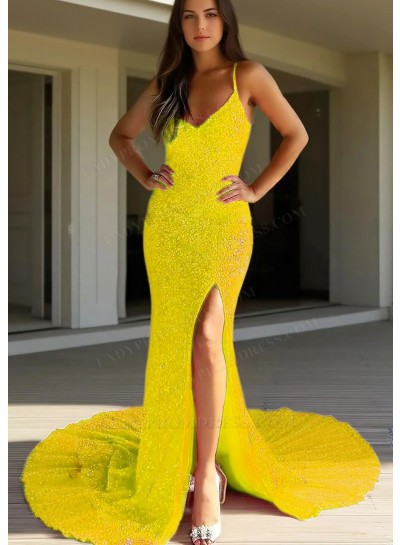 Daffodil Spaghetti Straps Sequins Glitter Side Slit Mermaid Prom Dresses