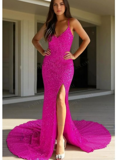 Fuchsia Spaghetti Straps Sequins Glitter Side Slit Mermaid Prom Dresses