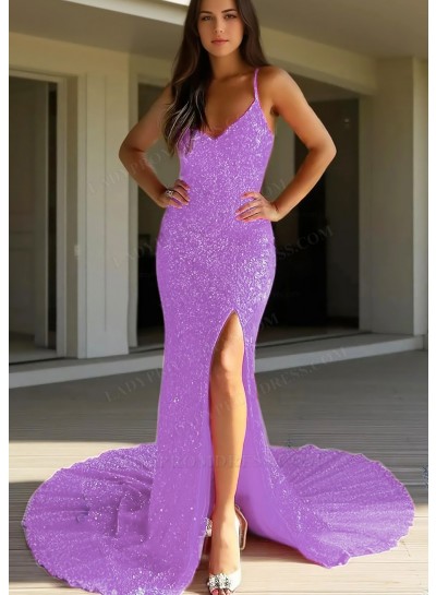 Lilac Spaghetti Straps Sequins Glitter Side Slit Mermaid Prom Dresses