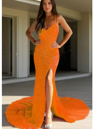 Orange Spaghetti Straps Sequins Glitter Side Slit Mermaid Prom Dresses