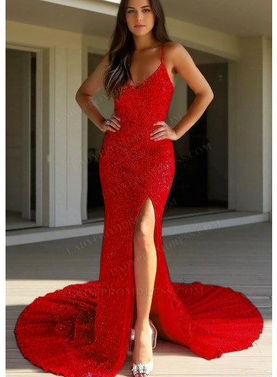 Red Spaghetti Straps Sequins Glitter Side Slit Mermaid Prom Dresses