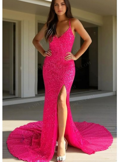 Hot Pink Spaghetti Straps Sequins Glitter Side Slit Mermaid Prom Dresses